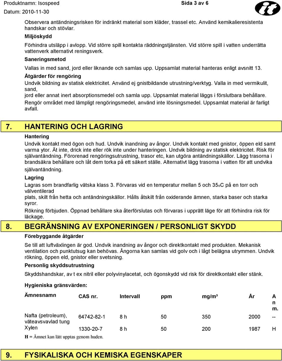 Uppsamlat material hanteras enligt avsnitt 13. Åtgärder för rengöring Undvik bildning av statisk elektricitet. Använd ej gnistbildande utrustning/verktyg.