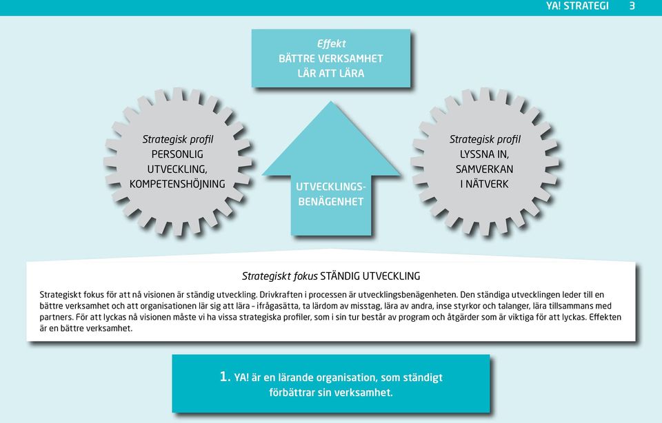 Den ständiga utvecklingen leder till en bättre verksamhet och att organisationen lär sig att lära ifrågasätta, ta lärdom av misstag, lära av andra, inse styrkor och talanger, lära