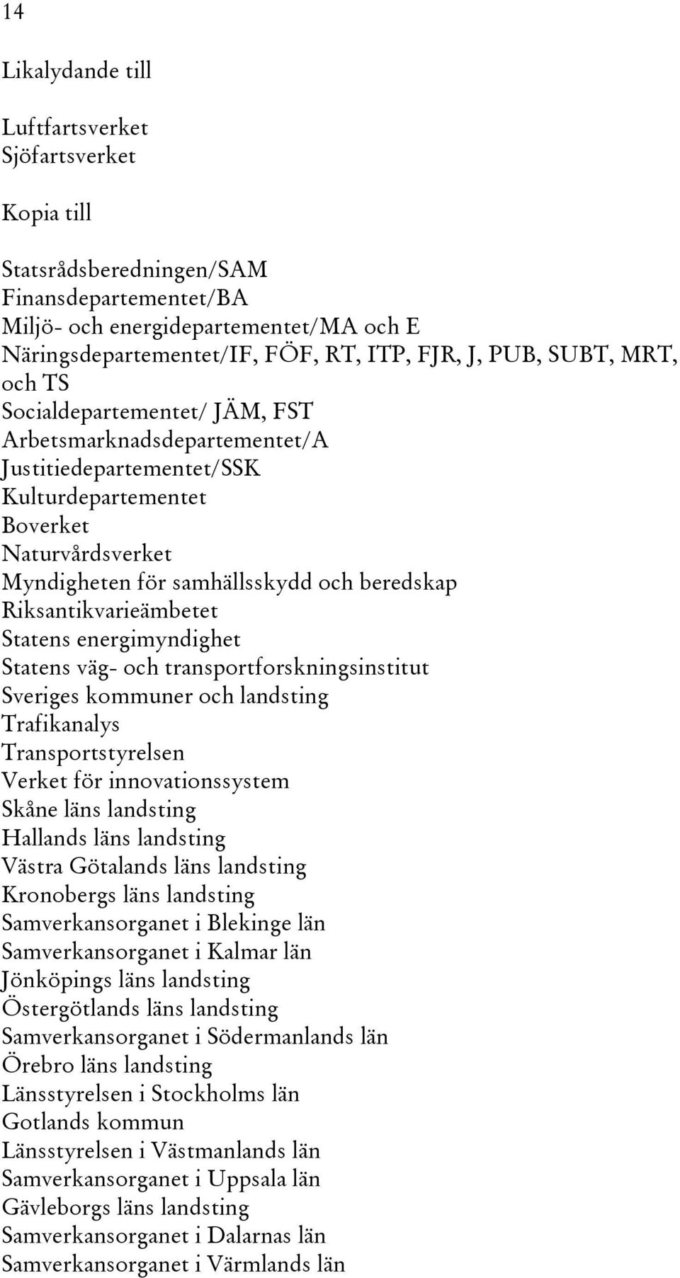 Riksantikvarieämbetet Statens energimyndighet Statens väg- och transportforskningsinstitut Sveriges kommuner och landsting Trafikanalys Transportstyrelsen Verket för innovationssystem Skåne läns