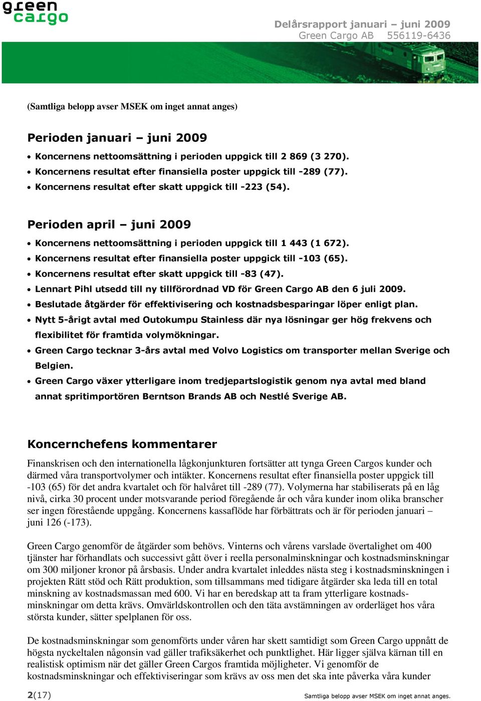 Perioden april juni 2009 Koncernens nettoomsättning i perioden uppgick till 1 443 (1 672). Koncernens resultat efter finansiella poster uppgick till -103 (65).