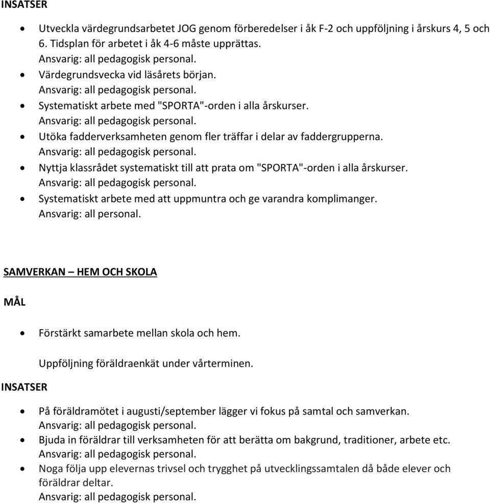 Nyttja klassrådet systematiskt till att prata om "SPORTA"-orden i alla årskurser. Systematiskt arbete med att uppmuntra och ge varandra komplimanger. Ansvarig: all personal.