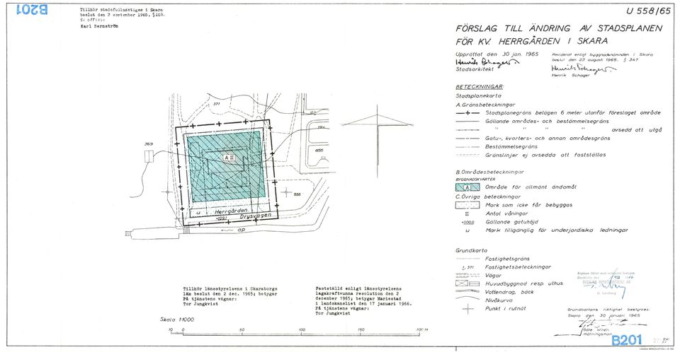 Gräns beteckningar -+ - Stadsplanegräns belägen 6 meter utanför föreslaget område Gällande områdes- och besfömmelsegröns " " /I " avsedd af t u {gå J69 ----- Gatu-, kvarfers- och annan områdesgröns