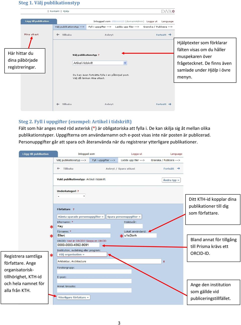 De kan skilja sig åt mellan olika publikationstyper. Uppgifterna om användarnamn och e-post visas inte när posten är publicerad.