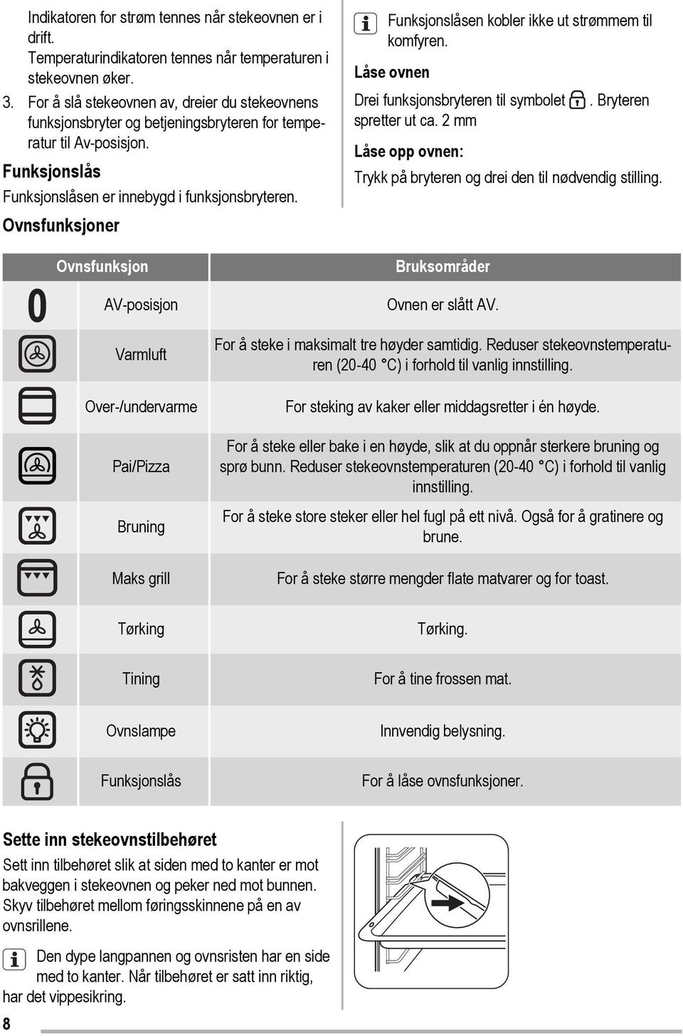 Ovnsfunksjoner Ovnsfunksjon AV-posisjon Funksjonslåsen kobler ikke ut strømmem til komfyren. Låse ovnen Drei funksjonsbryteren til symbolet. Bryteren spretter ut ca.