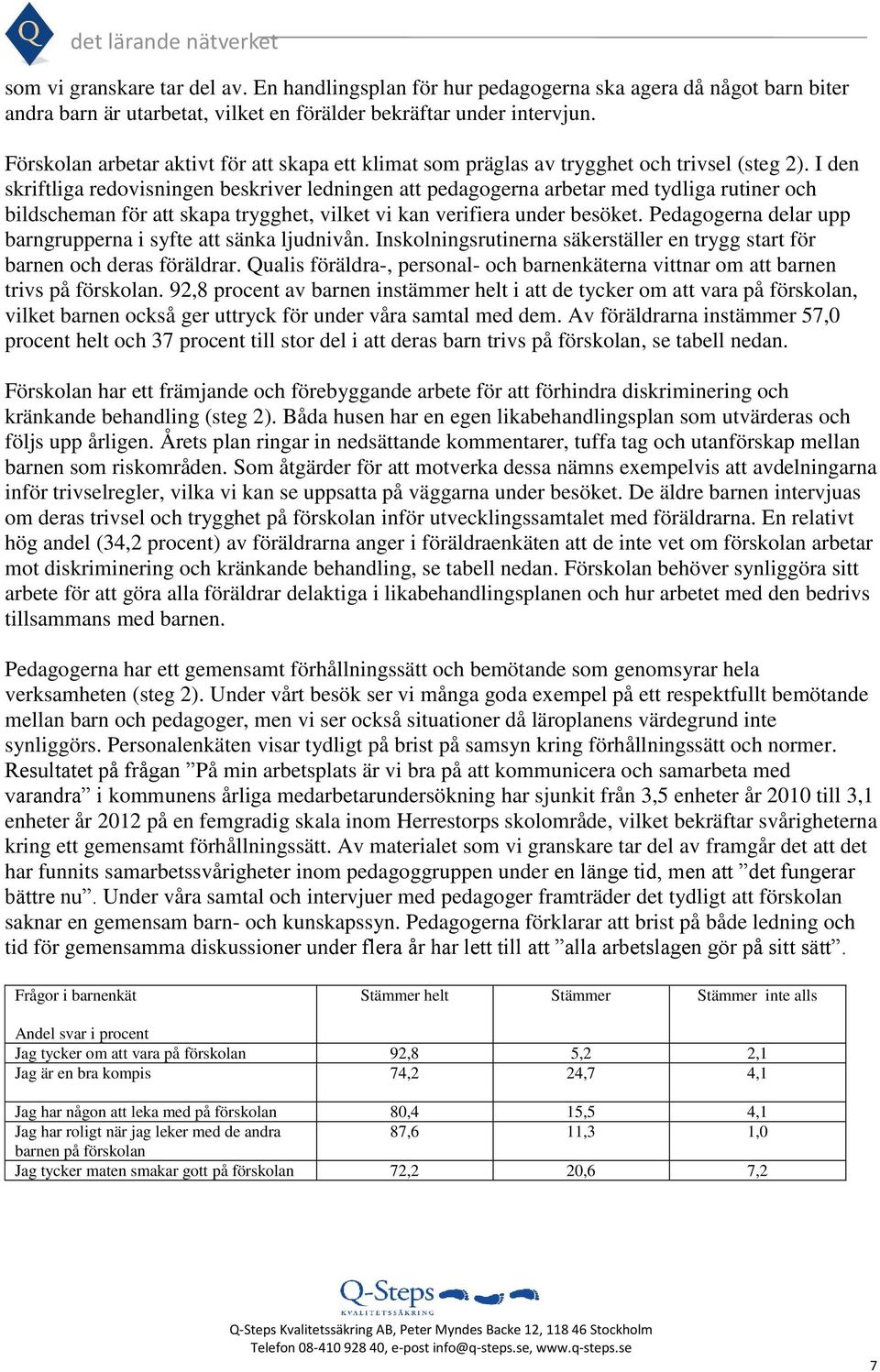 I den skriftliga redovisningen beskriver ledningen att pedagogerna arbetar med tydliga rutiner och bildscheman för att skapa trygghet, vilket vi kan verifiera under besöket.