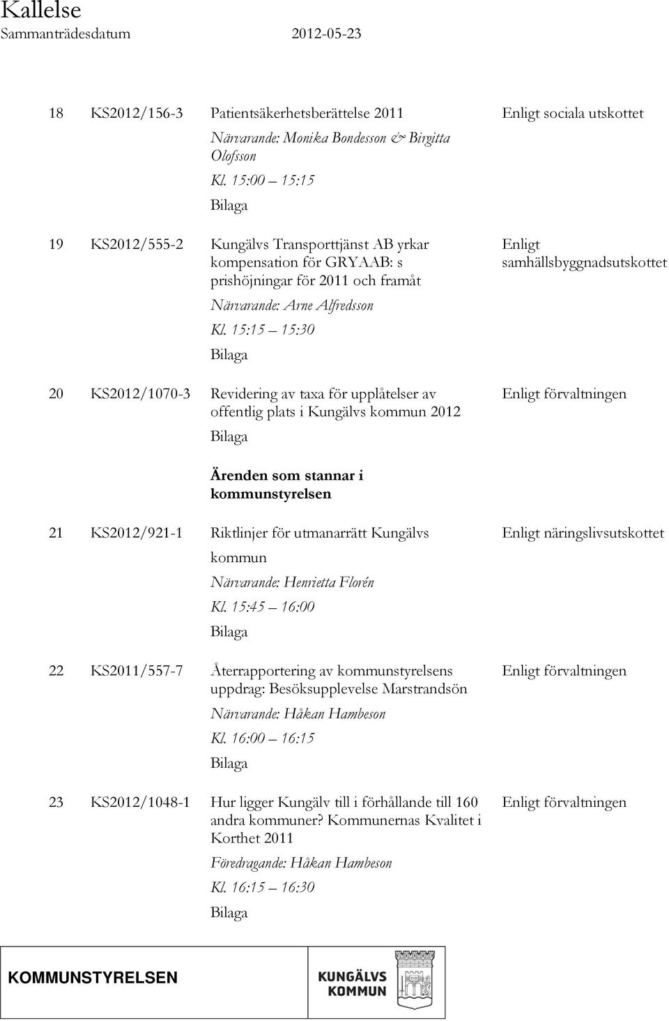 15:15 15:30 Bilaga 20 KS2012/1070-3 Revidering av taxa för upplåtelser av offentlig plats i Kungälvs kommun 2012 Bilaga Enligt sociala utskottet Enligt samhällsbyggnadsutskottet Enligt förvaltningen