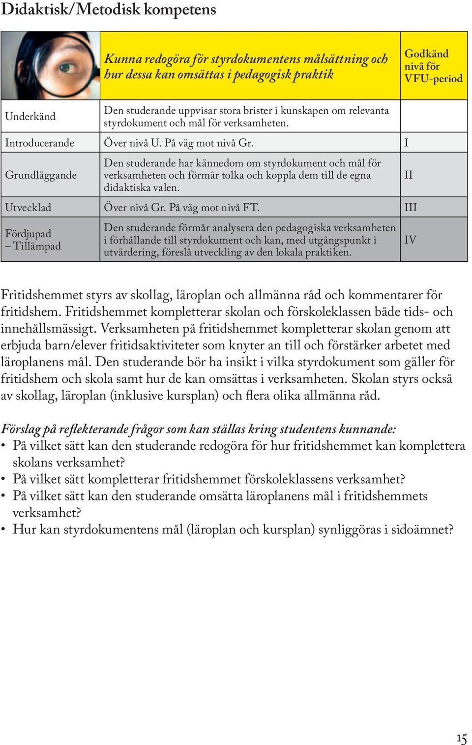 I Den studerande har kännedom om styrdokument och mål för verksamheten och förmår tolka och koppla dem till de egna didaktiska valen. Utvecklad Över nivå Gr. På väg mot nivå FT.