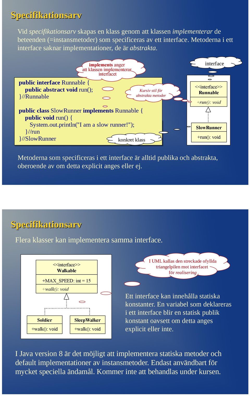 public interface Runnable { public abstract void run(); //Runnable implements anger att klassen implementerar interfacet public class SlowRunner implements Runnable { public void run() { System.out.