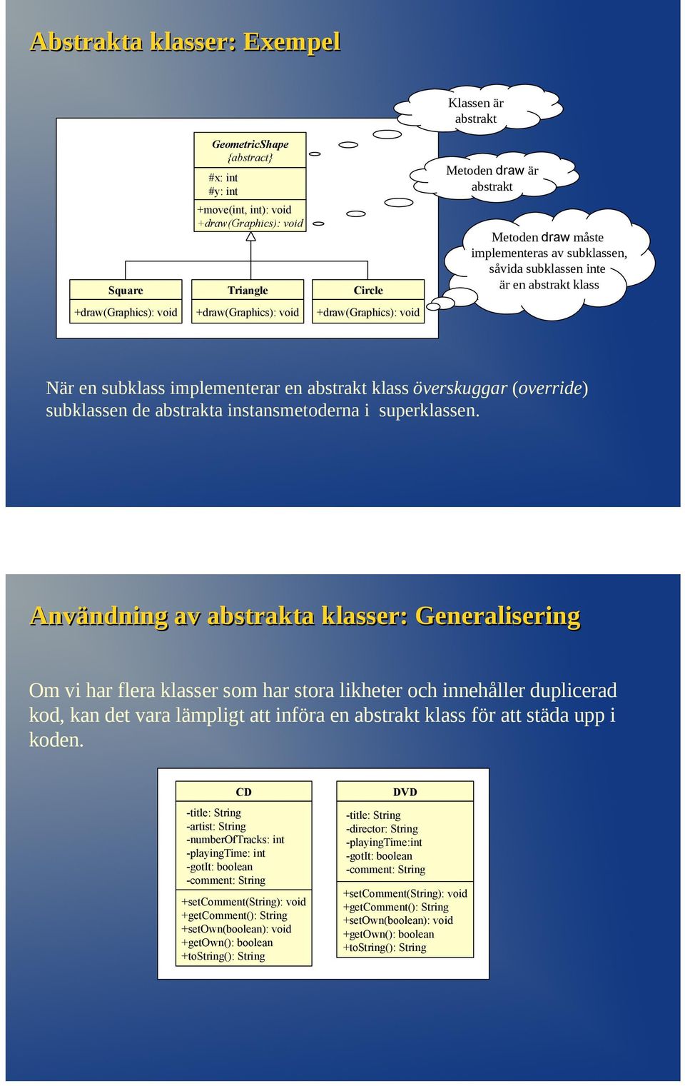 (override) subklassen de abstrakta instansmetoderna i superklassen.