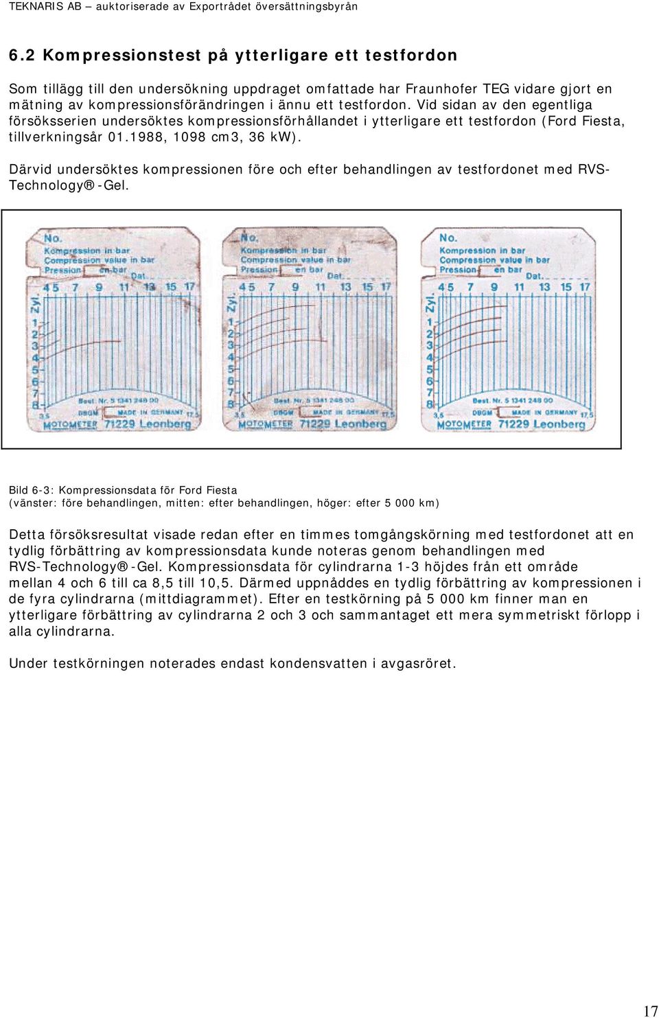 Därvid undersöktes kompressionen före och efter behandlingen av testfordonet med RVS- Technology -Gel.