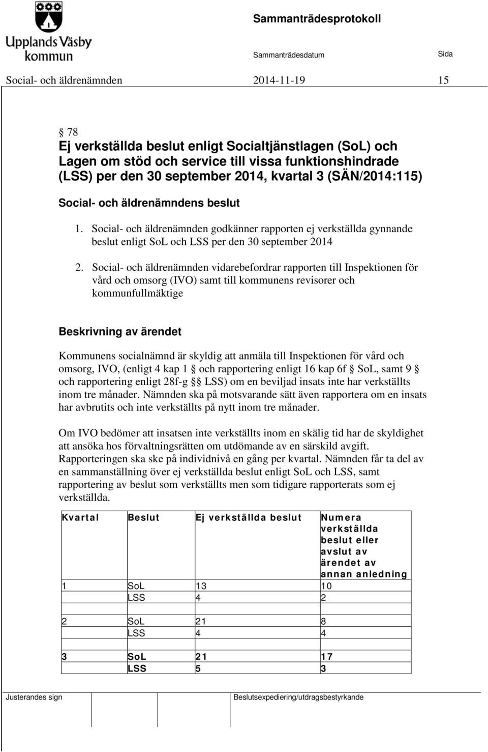 Social- och äldrenämnden vidarebefordrar rapporten till Inspektionen för vård och omsorg (IVO) samt till kommunens revisorer och kommunfullmäktige Kommunens socialnämnd är skyldig att anmäla till