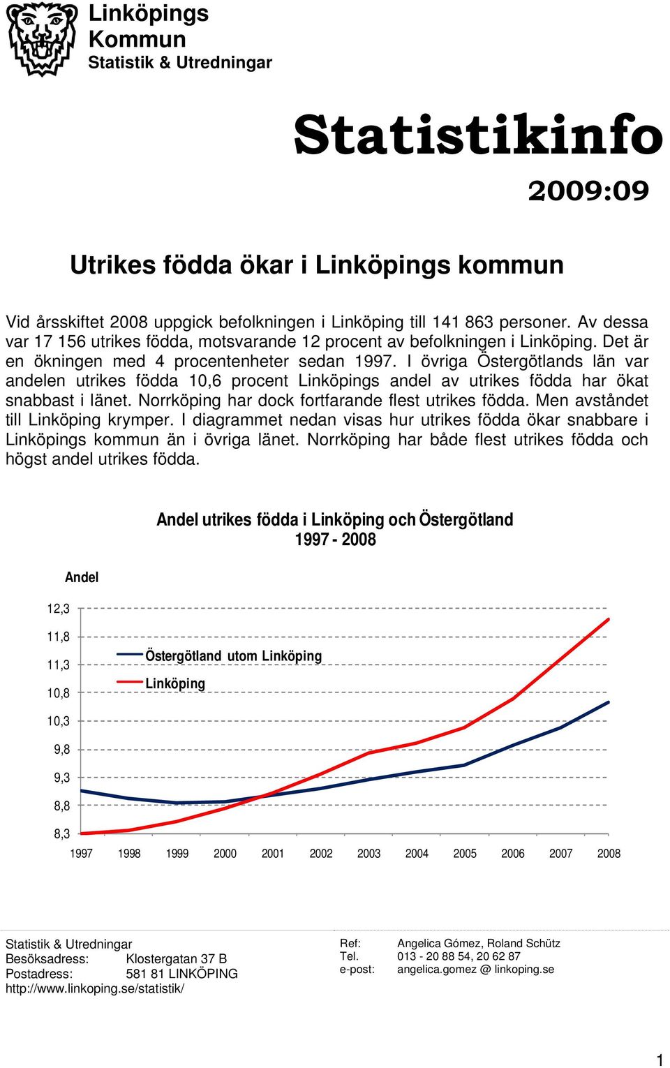 I övriga Östergötlands län var andelen utrikes födda 10,6 procent Linköpings andel av utrikes födda har ökat snabbast i länet. Norrköping har dock fortfarande flest utrikes födda.