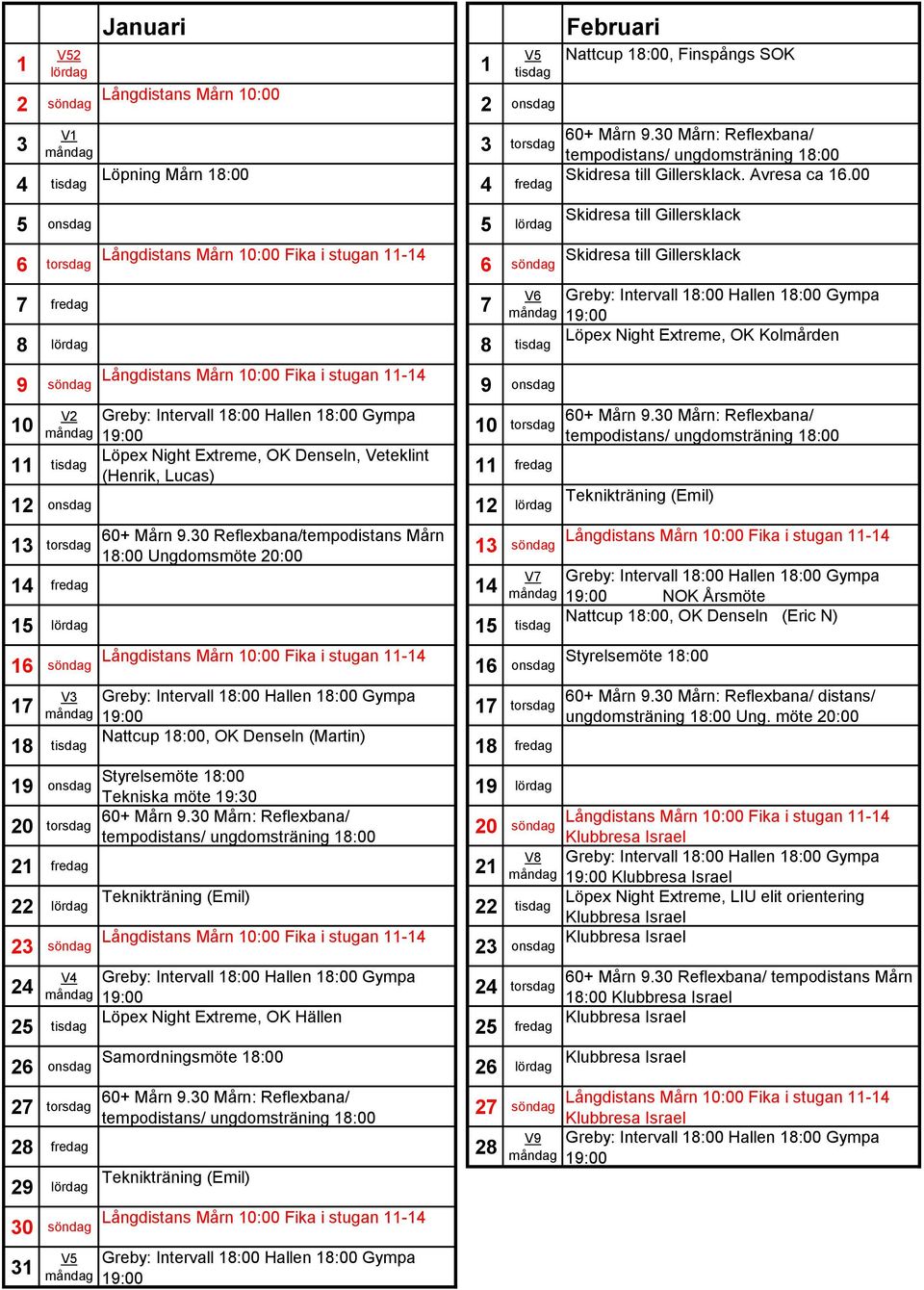 Ungdomsmöte 20:00 4 fredag 4 3 söndag V7 5 lördag 5 tisdag 6 söndag 6 onsdag 7 V3 7 torsdag 8 tisdag Nattcup 8:00, OK Denseln (Martin) 8 fredag 9 onsdag Tekniska möte 9:30 Mårn: Reflexbana/ 20