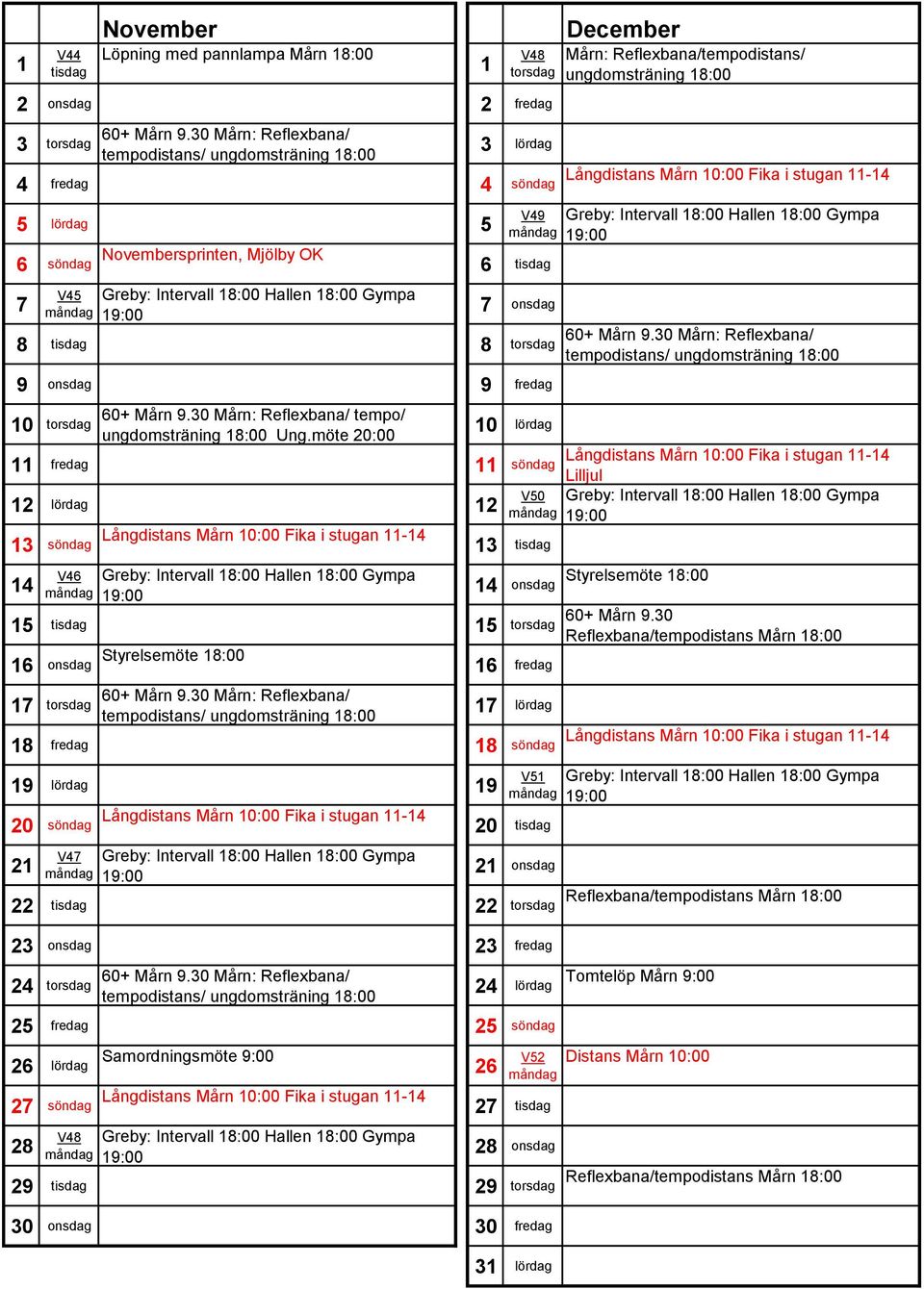 möte 20:00 0 lördag fredag söndag 2 lördag 2 V50 3 söndag 3 tisdag 4 V46 4 onsdag 5 tisdag 5 torsdag 6 onsdag 6 fredag 7 torsdag Mårn: Reflexbana/ 7 lördag 8 fredag 8 söndag 9 lördag 9 V5 20 söndag