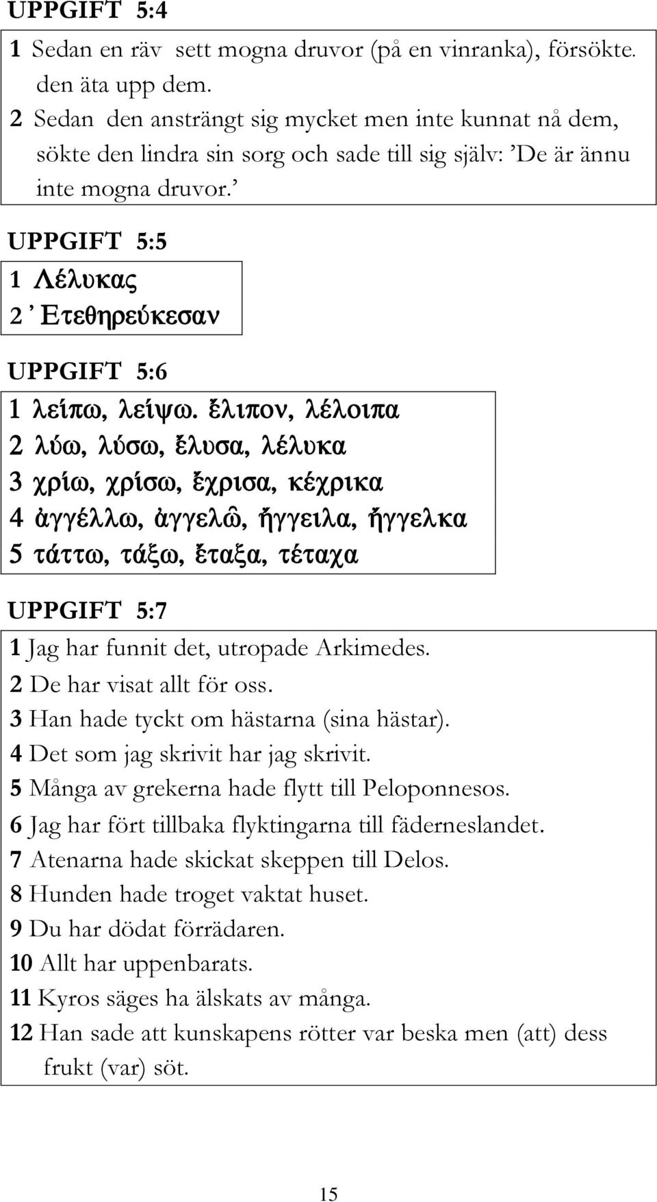 UPPGIFT 5:5 1 2 UPPGIFT 5:6 UPPGIFT 5:7 1 Jag har funnit det, utropade Arkimedes. 2 De har visat allt för oss. 3 Han hade tyckt om hästarna (sina hästar). 4 Det som jag skrivit har jag skrivit.