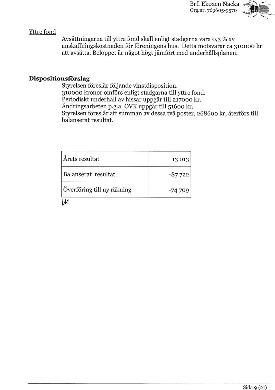 Dispositionsförslag Styrelsen föreslår följande vinstdisposition: 31 kronor omförs enligt stadgarna till yttre fond.