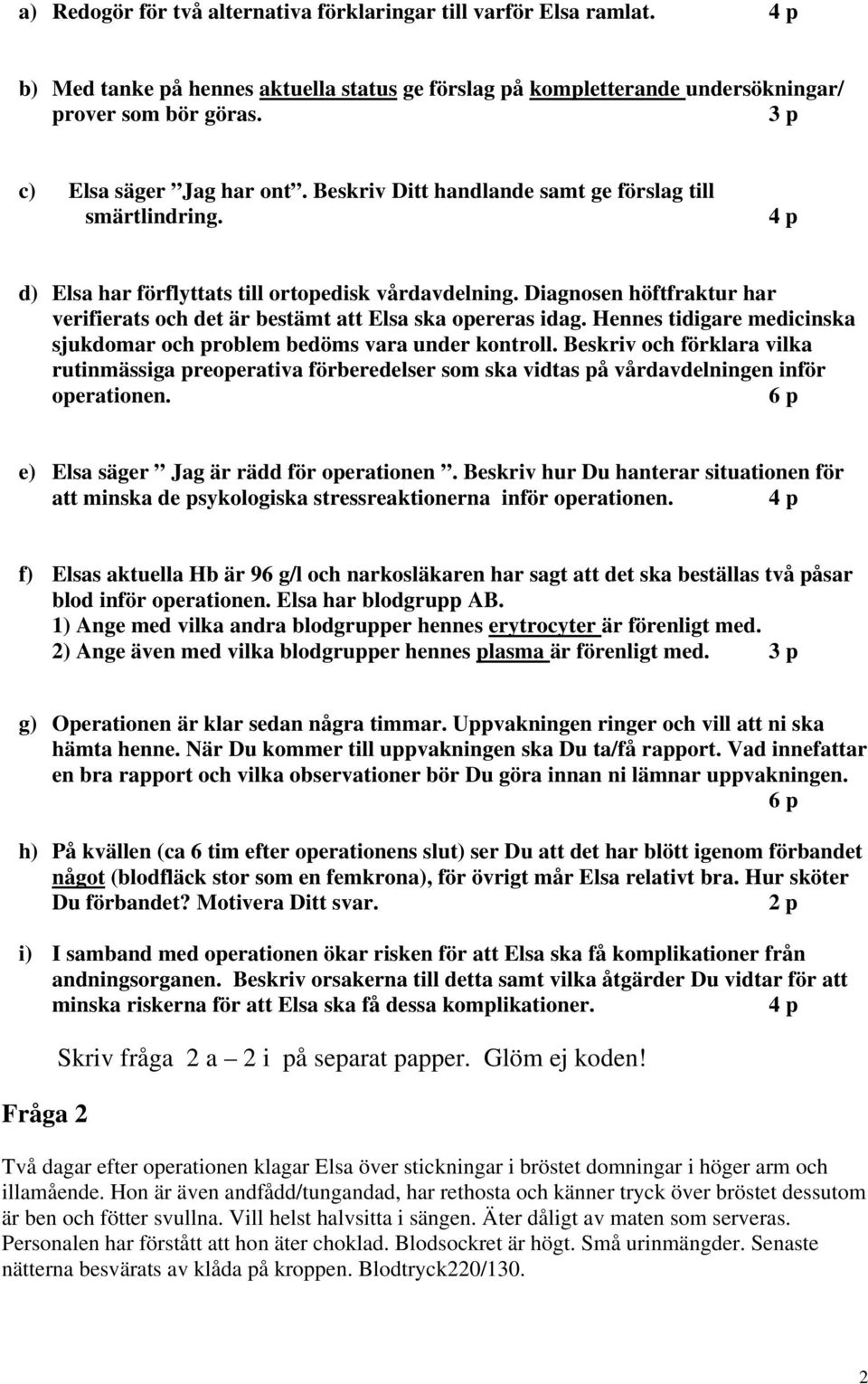 Diagnosen höftfraktur har verifierats och det är bestämt att Elsa ska opereras idag. Hennes tidigare medicinska sjukdomar och problem bedöms vara under kontroll.