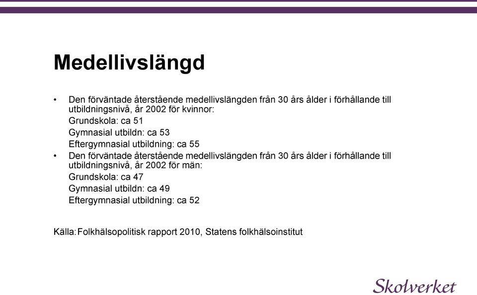 återstående medellivslängden från 30 års ålder i förhållande till utbildningsnivå, år 2002 för män: Grundskola: ca