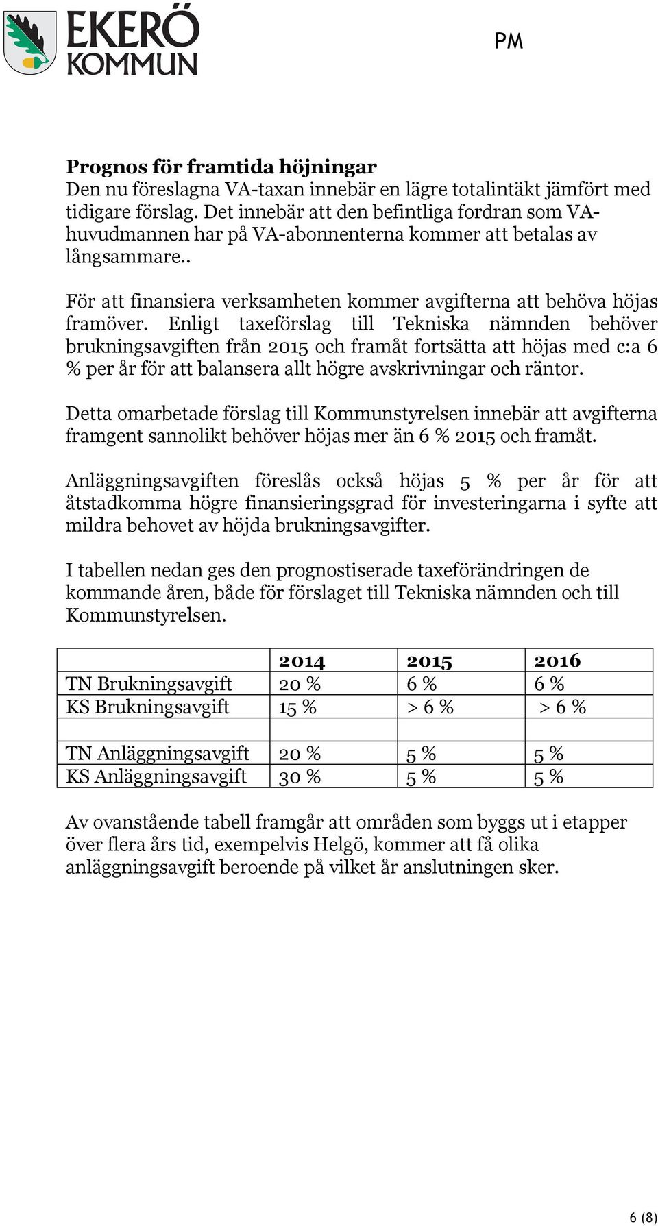 Enligt taxeförslag till Tekniska nämnden behöver brukningsavgiften från 2015 och framåt fortsätta att höjas med c:a 6 % per år för att balansera allt högre avskrivningar och räntor.