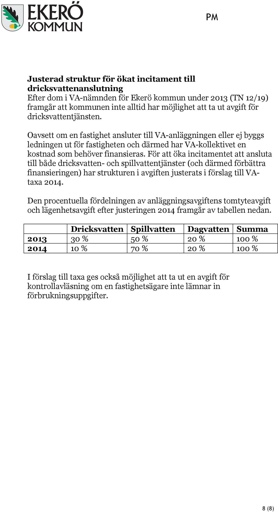 För att öka incitamentet att ansluta till både dricksvatten- och spillvattentjänster (och därmed förbättra finansieringen) har strukturen i avgiften justerats i förslag till VAtaxa 2014.