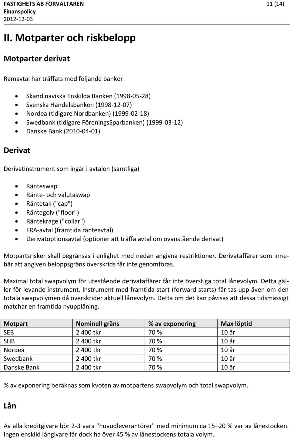 (1999-02-18) Swedbank (tidigare FöreningsSparbanken) (1999-03-12) Danske Bank (2010-04-01) Derivat Derivatinstrument som ingår i avtalen (samtliga) Ränteswap Ränte- och valutaswap Räntetak ("cap")