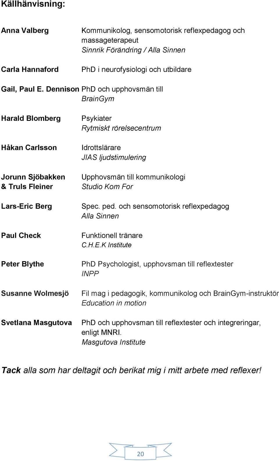 rörelsecentrum Idrottslärare JIAS ljudstimulering Upphovsmän till kommunikologi Studio Kom For Spec. ped. och sensomotorisk reflexpedagog Alla Sinnen Funktionell tränare C.H.E.