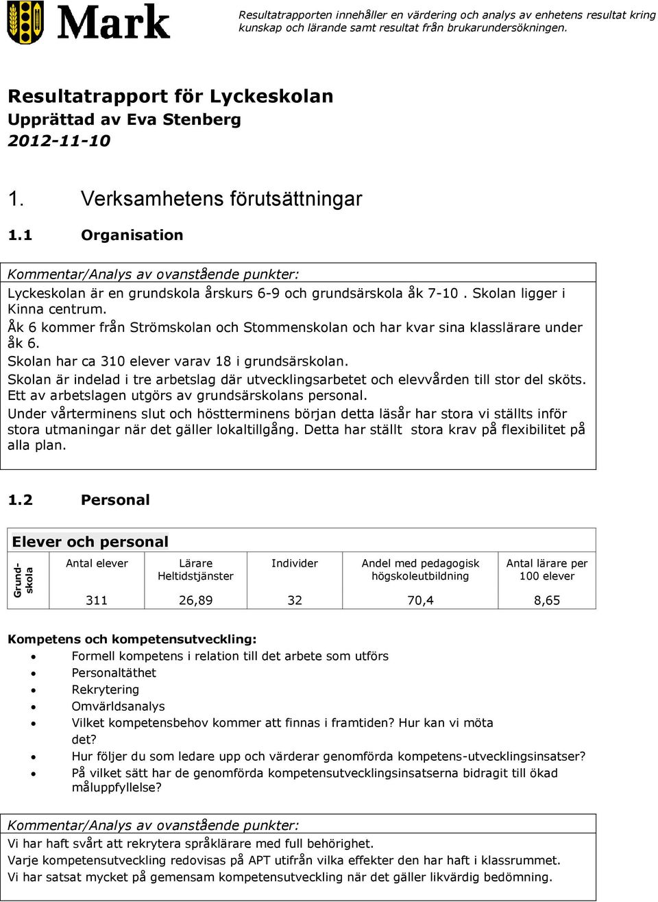 1 Organisation Kommentar/Analys av ovanstående punkter: Lyckeskolan är en grundskola årskurs 6-9 och grundsärskola åk 7-10. Skolan ligger i Kinna centrum.