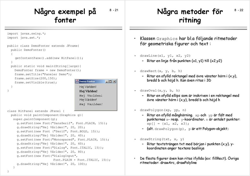 a följande ritmetoder för geometriska figurer och text : drawline(x1, y1, x2, y2) Ritar en linje från punkten (x1, y1) till (x2,y2) drawrect(x, y, b, h) Ritar en ofylld rektangel med övre vänster