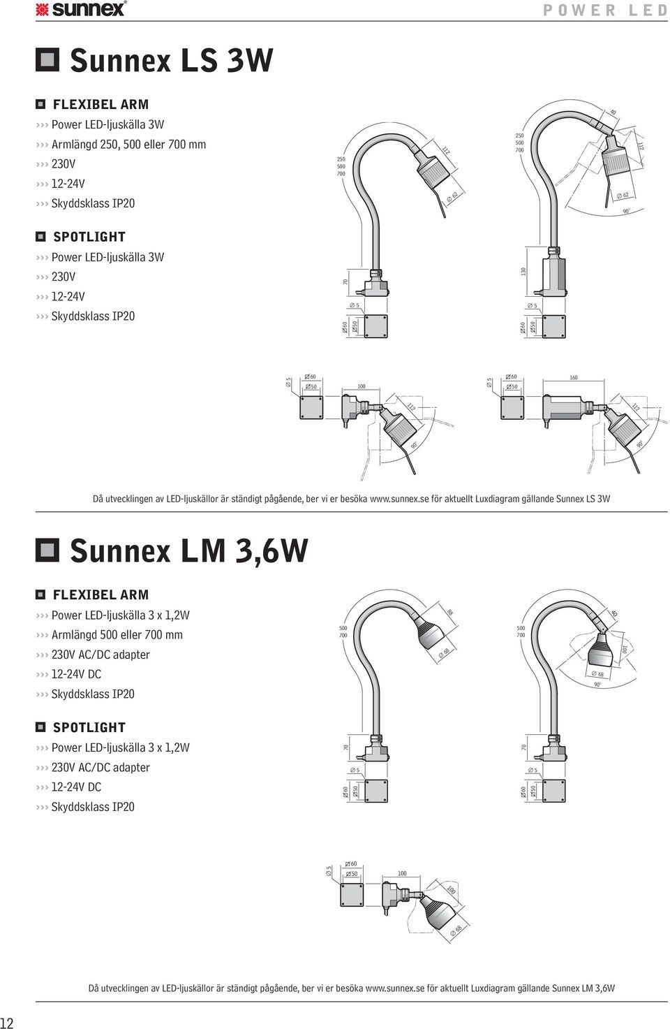 se för aktuellt Luxdiagram gällande Sunnex LS 3W Sunnex LM 3,6W FLEXIBEL ARM Power LED-ljuskälla 3 x 1,2W 88 Armlängd 0 eller 700 mm 0 700 0 700 AC/DC adapter 68 12- DC