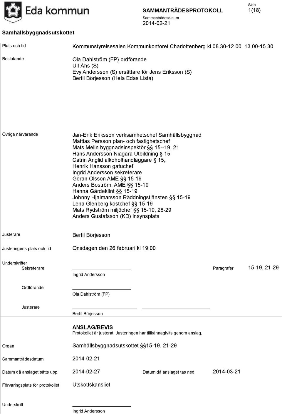 Samhällsbyggnad Mattias Persson plan- och fastighetschef Mats Melin byggnadsinspektör 15--19, 21 Hans Andersson Niagara Utbildning 15 Catrin Anglid alkoholhandläggare 15, Henrik Hansson gatuchef