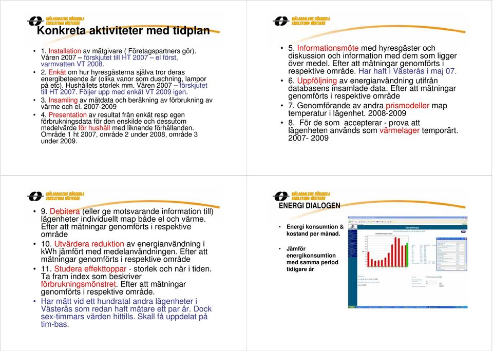 Våren 2007 förskjutet till HT 2007. Följer upp med enkät VT 2009 igen. 3. Insamling av mätdata och beräkning av förbrukning av värme och el. 2007-2009 4.