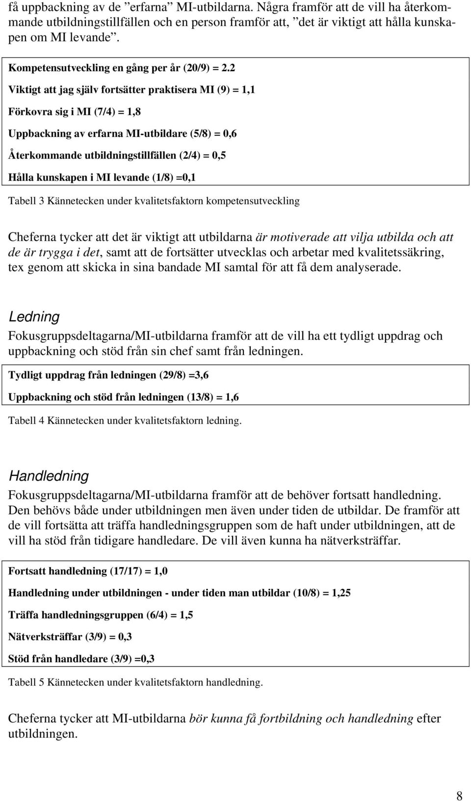 2 Viktigt att jag själv fortsätter praktisera MI (9) = 1,1 Förkovra sig i MI (7/4) = 1,8 Uppbackning av erfarna MI-utbildare (5/8) = 0,6 Återkommande utbildningstillfällen (2/4) = 0,5 Hålla kunskapen