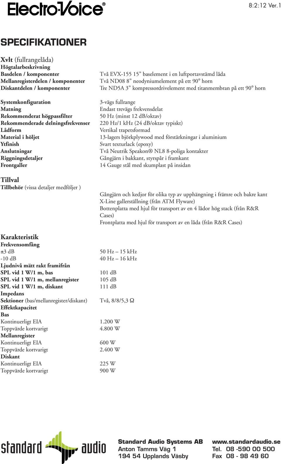 Rekommenderade delningsfrekvenser Lådform Material i höljet Ytfinish Anslutningar Riggningsdetaljer Frontgaller Tillval Tillbehör (vissa detaljer medföljer ) Två EVX-155 15 baselement i en