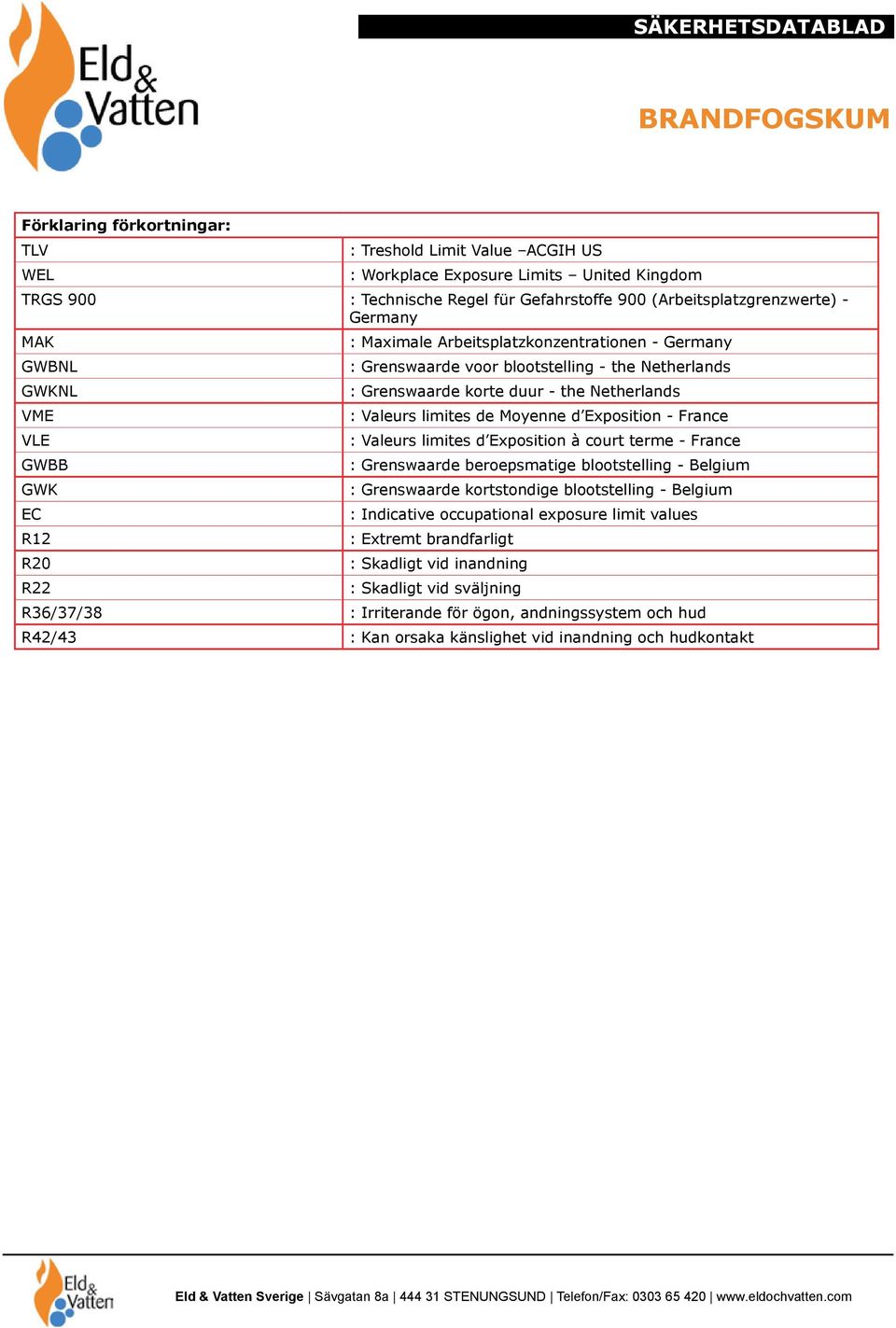 - France VLE : Valeurs limites d Exposition à court terme - France GWBB : Grenswaarde beroepsmatige blootstelling - Belgium GWK : Grenswaarde kortstondige blootstelling - Belgium EC : Indicative