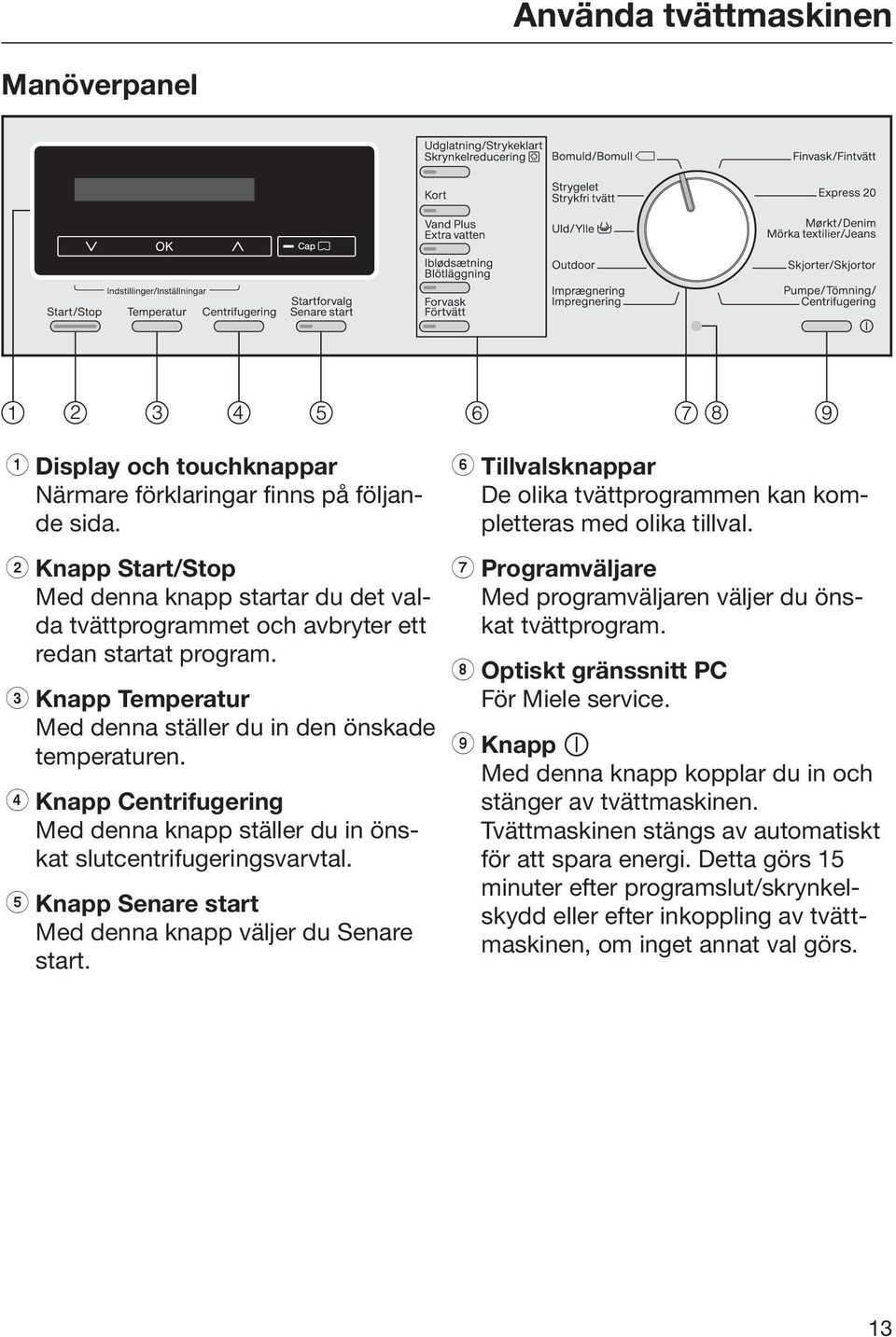 d Knapp Centrifugering Med denna knapp ställer du in önskat slutcentrifugeringsvarvtal. e Knapp Senare start Med denna knapp väljer du Senare start.