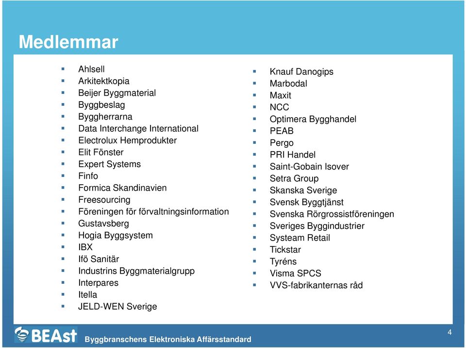 Byggmaterialgrupp Interpares Itella JELD-WEN Sverige Knauf Danogips Marbodal Maxit NCC Optimera Bygghandel PEAB Pergo PRI Handel Saint-Gobain Isover