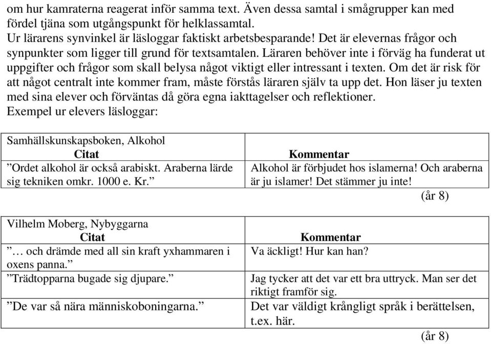 Läraren behöver inte i förväg ha funderat ut uppgifter och frågor som skall belysa något viktigt eller intressant i texten.