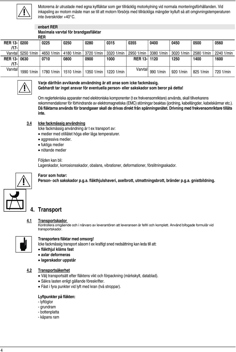 enbart RER Maximala varvtal för brandgasfläktar RER RER 13-0200 0225 0250 0280 0315 0355 0400 0450 0500 0560 /17- Varvtal 5250 1/min 4650 1/min 4180 1/min 3720 1/min 3320 1/min 2950 1/min 3380 1/min