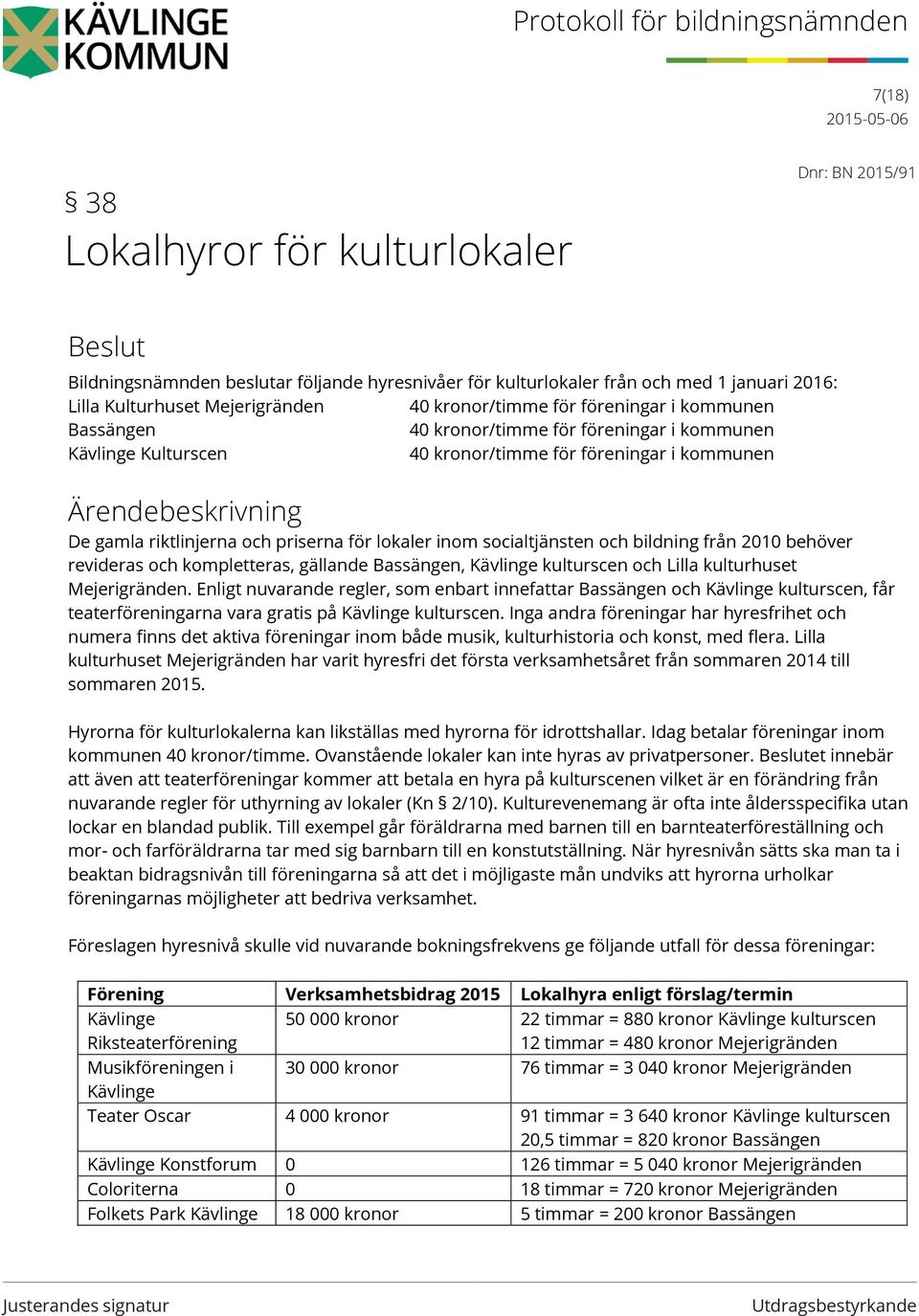 socialtjänsten och bildning från 2010 behöver revideras och kompletteras, gällande Bassängen, Kävlinge kulturscen och Lilla kulturhuset Mejerigränden.