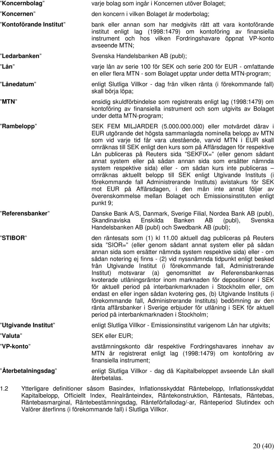 hos vilken Fordringshavare öppnat VP-konto avseende MTN; Svenska Handelsbanken AB (publ); varje lån av serie 100 för SEK och serie 200 för EUR - omfattande en eller flera MTN - som Bolaget upptar