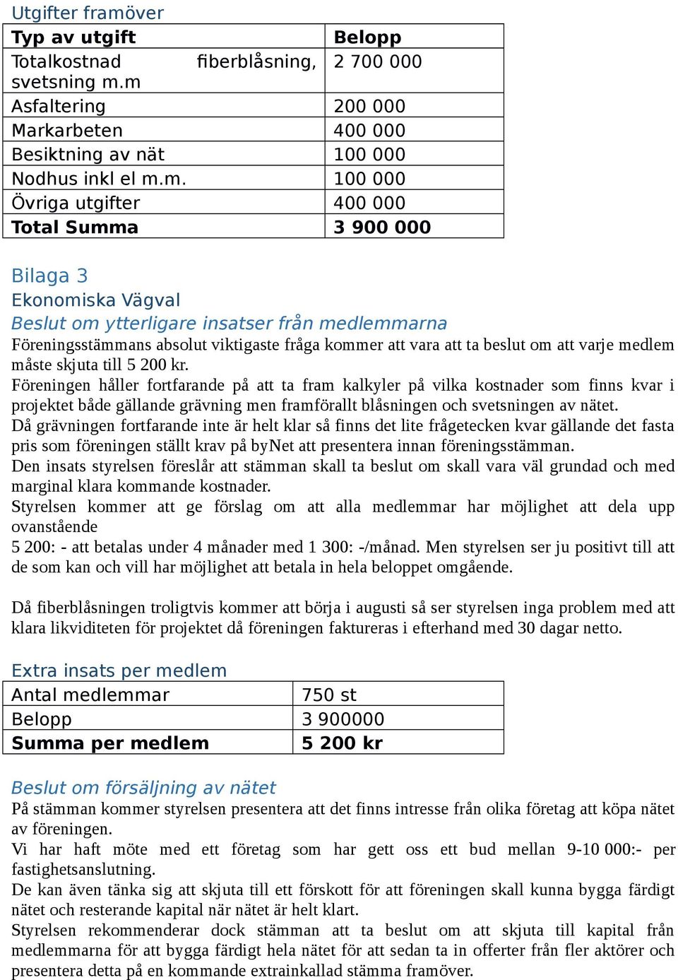 m Asfaltering 200 000 Markarbeten 400 000 Besiktning av nät 100 000 Nodhus inkl el m.m. 100 000 Övriga utgifter 400 000 Total Summa 3 900 000 Bilaga 3 Ekonomiska Vägval Beslut om ytterligare insatser