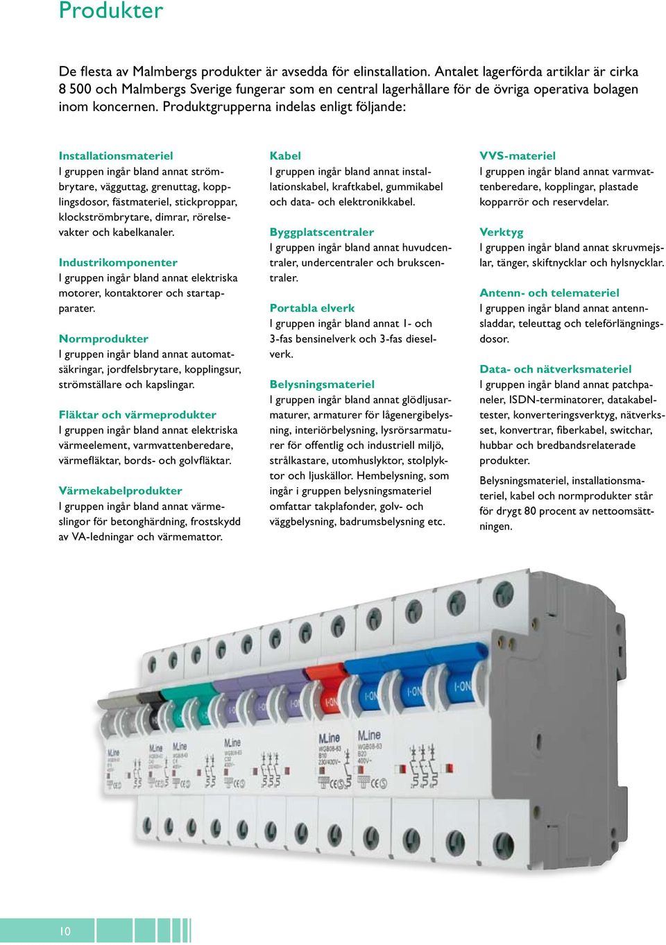 Produktgrupperna indelas enligt följande: Installationsmateriel I gruppen ingår bland annat strömbrytare, vägguttag, grenuttag, kopplingsdosor, fästmateriel, stickproppar, klockströmbrytare, dimrar,