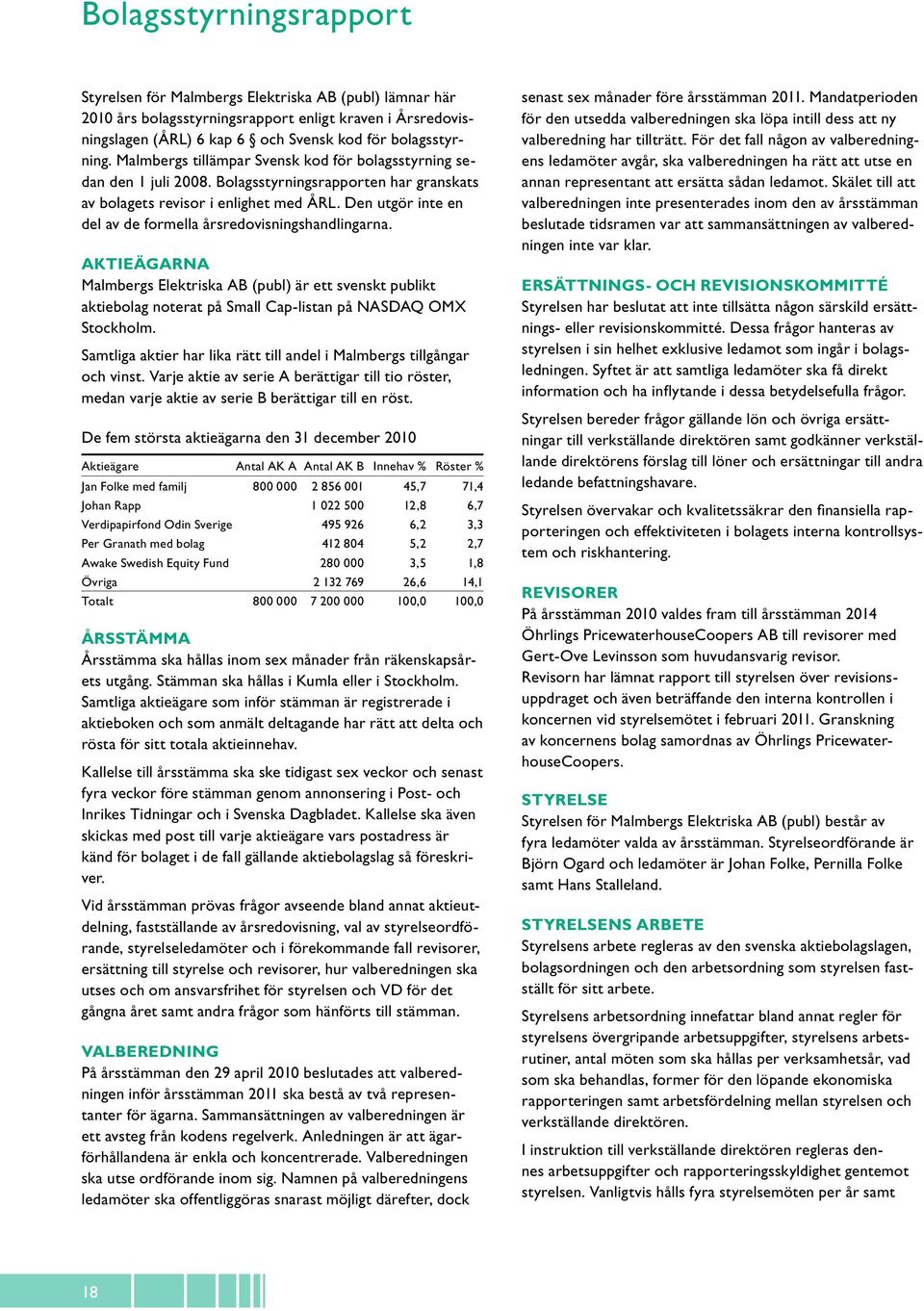 Den utgör inte en del av de formella årsredovisningshandlingarna. Aktieägarna Malmbergs Elektriska AB (publ) är ett svenskt publikt aktiebolag noterat på Small Cap-listan på NASDAQ OMX Stockholm.