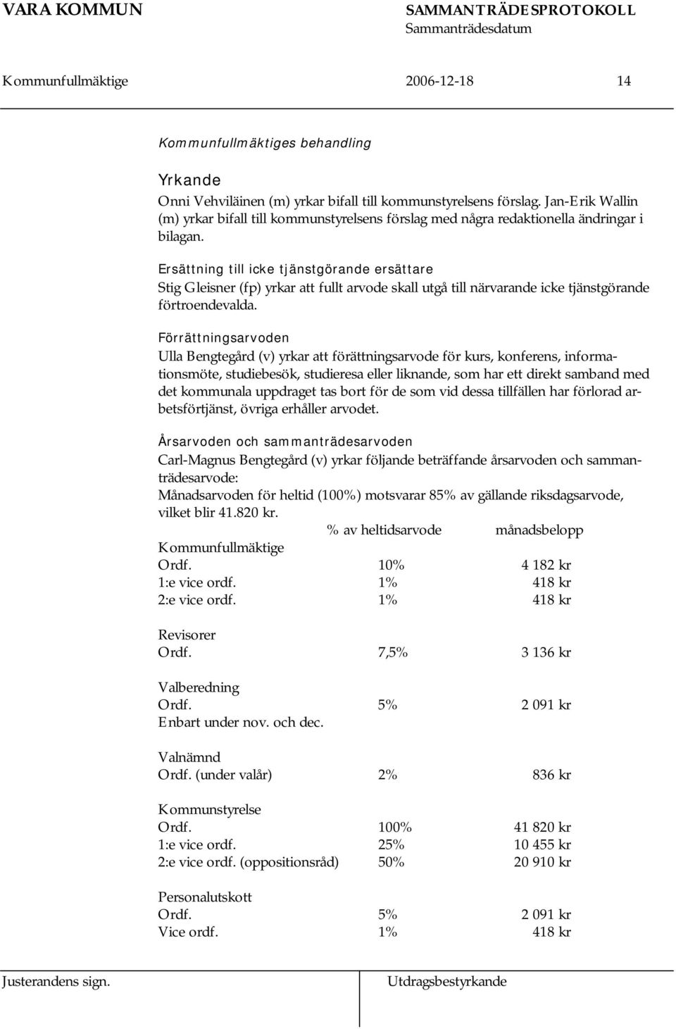 Ersättning till icke tjänstgörande ersättare Stig Gleisner (fp) yrkar att fullt arvode skall utgå till närvarande icke tjänstgörande förtroendevalda.