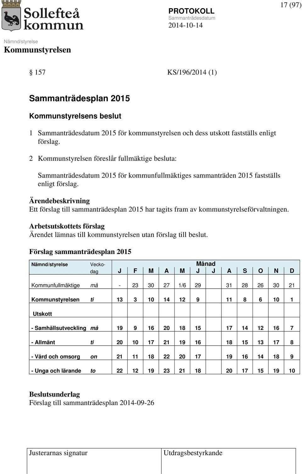 Ärendebeskrivning Ett förslag till sammanträdesplan 2015 har tagits fram av kommunstyrelseförvaltningen. Arbetsutskottets förslag Ärendet lämnas till kommunstyrelsen utan förslag till beslut.