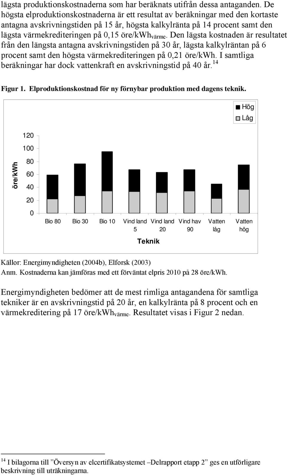 öre/kwh värme. Den lägsta kostnaden är resultatet från den längsta antagna avskrivningstiden på 30 år, lägsta kalkylräntan på 6 procent samt den högsta värmekrediteringen på 0,21 öre/kwh.