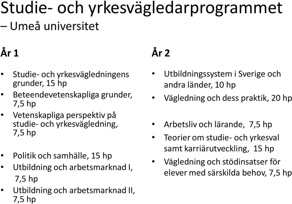 Utbildning och arbetsmarknad II, 7,5 hp År 2 Utbildningssystem i Sverige och andra länder, 10 hp Vägledning och dess praktik, 20 hp