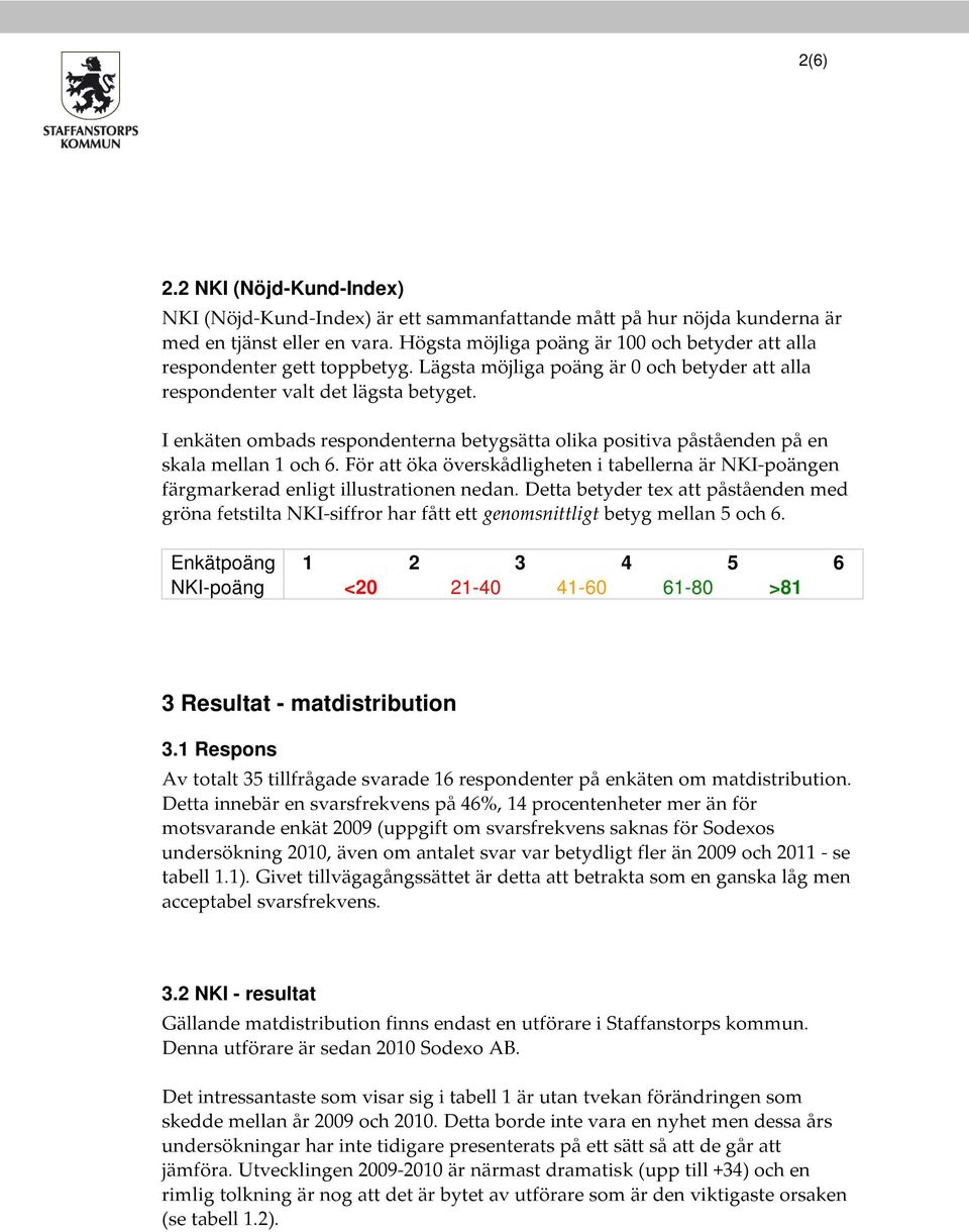 I enkäten ombads respondenterna betygsätta olika positiva påståenden på en skala mellan 1 och 6. För att öka överskådligheten i tabellerna är NKI-poängen färgmarkerad enligt illustrationen nedan.