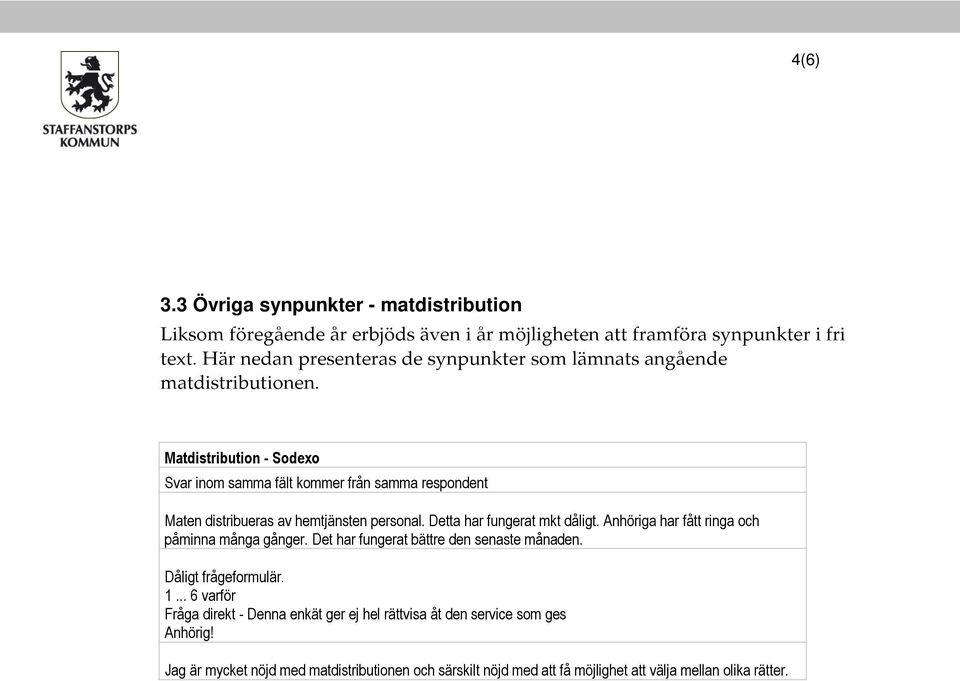 Matdistribution - Sodexo Svar inom samma fält kommer från samma respondent Maten distribueras av hemtjänsten personal. Detta har fungerat mkt dåligt.