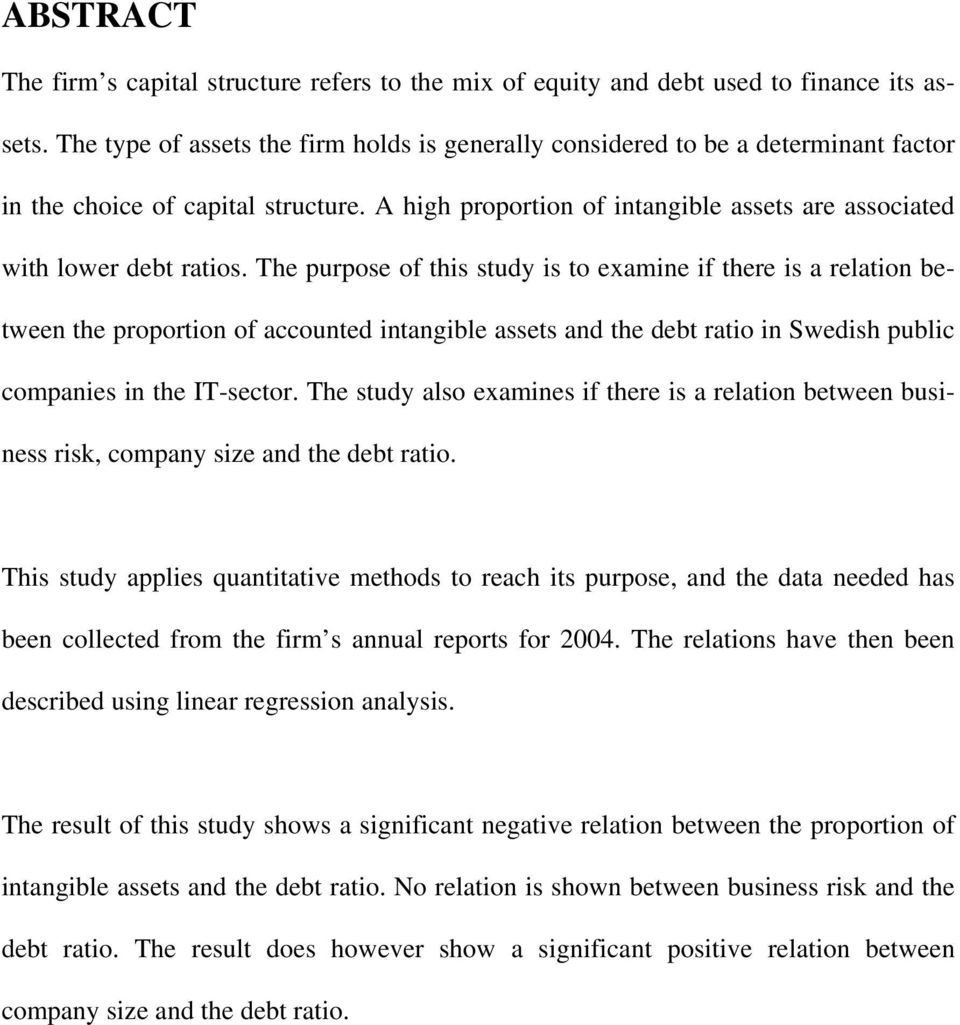 The purpose of this study is to examine if there is a relation between the proportion of accounted intangible assets and the debt ratio in Swedish public companies in the IT-sector.